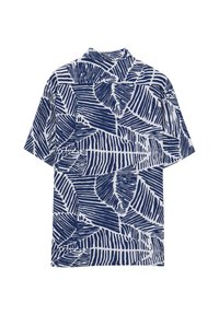Camicia a maniche corte in tessuto bianco con un motivo a foglie blu e strisce, dotata di colletto e vestibilità rilassata.