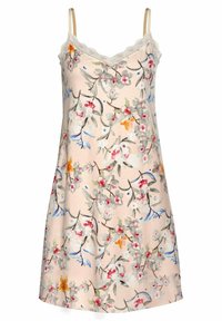 Floral nightdress with spaghetti straps, pink fabric, lace trim, featuring a pattern of blossoms in white, pink, grey, and orange accents.