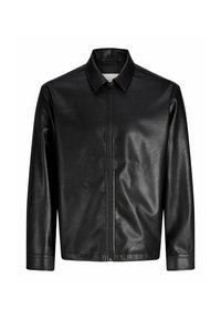 Schwarze Lederjacke mit einfachem Design, vorne mit Reißverschluss und klassischem Kragen. Verfügt über lange Ärmel und eine glatte Textur.