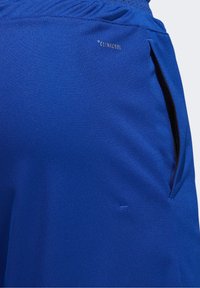 Shorts de sport bleus en tissu texturé, dotés d'une poche latérale et d'un logo "climacool" près de la ceinture.