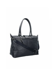 Borsa in pelle blu scuro con doppi manici superiori, una tracolla regolabile e una tasca esterna con zip.