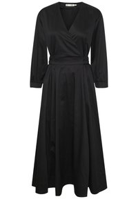 Schwarzes Wickelkleid aus glattem Stoff, mit langen Ärmeln, einer taillierten Taille mit Bindeband und einem schwingenden Rock, der bis zur Mitte der Wade reicht.