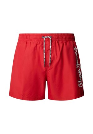 Svetlo crvene muške kupaće gaće s elastičnim pojasom, bijelim vezicama s tiskanim nazivom brenda i velikim bijelim logom "Pepe Jeans" na lijevoj nozi.