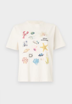 Cream-colored cotton T-shirt featuring a collage of ocean-themed graphics, including shells, a lobster, and marine plants.