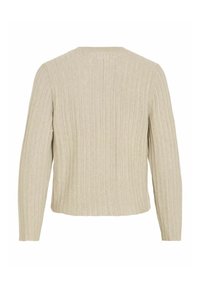 Beige gestreifter Pullover mit langen Ärmeln, rundem Ausschnitt und einer strukturierten Musterung. Weiches Material; lockere Passform mit geradem Saum auf Taillenhöhe.