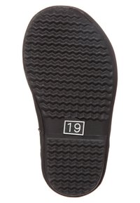 Semelle de chaussure en caoutchouc noir avec une texture ondulée, comportant une étiquette rectangulaire blanche avec le numéro "19" près du centre.