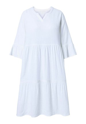 Weißes knielanges Kleid mit 3/4 Glockenärmeln, V-Ausschnitt und gerafftem, gestuftem Rock aus leichtem, strukturiertem Stoff.