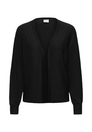 Cardigan negru cu fața deschisă, mâneci lungi și manșete cu dungi, prezentat pe un fundal alb simplu.