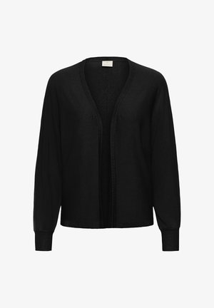 Must avatud esiosaga kampsun pikkade varrukate ja soonikkoes mansettidega, kujutatud valgel taustal.