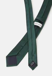Cravate en soie verte avec une texture rayée, dotée d'une doublure unie bleu foncé et d'une étiquette portant "PIER ONE" près du haut.