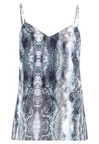 Ärmlös topp med V-ringning och tunna band, med ett vertikalt mönster av ormskinn i nyanser av svart, vitt och grått.