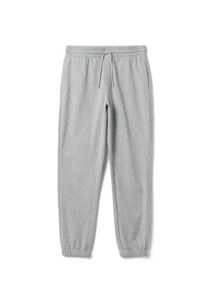 Pantaloni della tuta grigio chiaro con vita elastica, coulisse, tasche laterali e polsini elastici, mostrati su sfondo bianco.