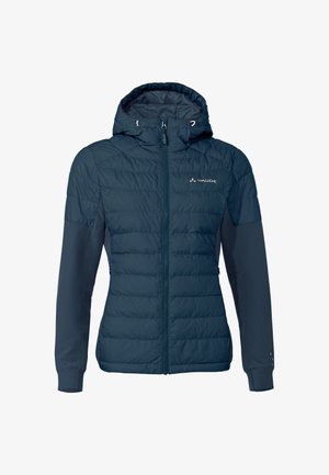 Navyblaue gepolsterte Jacke mit Kapuze, glatte Ärmel in kontrastierender Farbe, durchgehender Reißverschluss und Logo auf der Brust, mit abgestepptem Design und praktischem Schnitt.