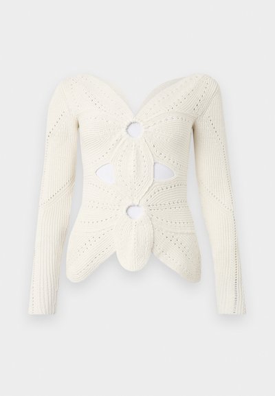 Off-white knitted top featuring long sleeves, textured patterns, cut-out accents, and a distinctive body-hugging shape.