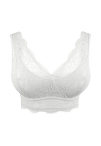White lace bralette with wide lace straps, v-neckline, and a soft elastic band. Features intricate floral patterns and textured fabric.