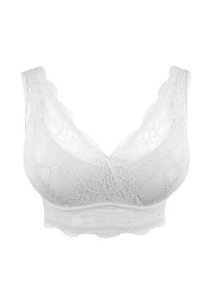White lace bralette with wide lace straps, v-neckline, and a soft elastic band. Features intricate floral patterns and textured fabric.