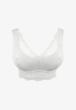 White lace bralette with wide lace straps, v-neckline, and a soft elastic band. Features intricate floral patterns and textured fabric.