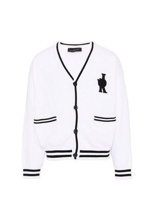 Biały rozpinany sweter z czarną lamówką na kołnierzu, mankietach i dole, z czarnym abstrakcyjnym logo na lewej piersi.