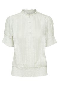Blusa bianca a maniche corte con dettagli in pizzo, colletto arruffato alto, chiusura con bottoni sul davanti, righe verticali e orlo e polsini arricciati.