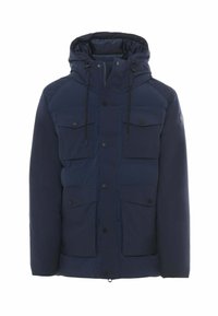 Giacca imbottita blu navy con cappuccio, cerniera frontale e bottoni a pressione, quattro tasche con pattina e coulisse regolabili sul cappuccio.
