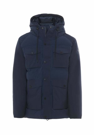 Giacca imbottita blu navy con cappuccio, cerniera frontale e bottoni a pressione, quattro tasche con pattina e coulisse regolabili sul cappuccio.