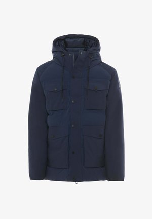 Giacca imbottita blu navy con cappuccio, cerniera frontale e bottoni a pressione, quattro tasche con pattina e coulisse regolabili sul cappuccio.