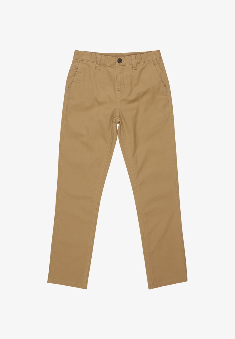 Spodnie chino w jasnobrązowym kolorze, wykonane z bawełny, w standardowym kroju, z pętelkami na pasek oraz przednimi i tylnymi kieszeniami.