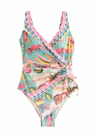 Costum de baie întreg cu imprimeu tropical colorat ce include crabi, fructe, palmieri, scoici și text cu tematică de vară, având detaliu cu șnur strâns lateral cu volănașe.
