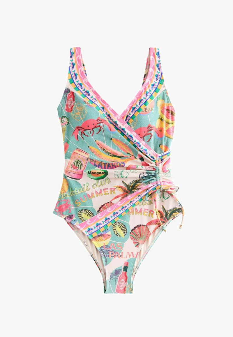 Maillot de bain une pièce avec imprimé tropical coloré comprenant des crabes, des fruits, des palmiers, des coquillages et un texte sur le thème de l'été, doté d'un détail de lien froncé sur le côté.