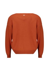 Pull orange surdimensionné en maille douce, avec des poignets et un ourlet côtelés, et un petit détail de bouton au niveau du col au dos.