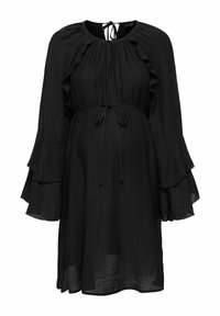 Vestido negro con mangas rizadas, cinturón en la cintura y un diseño fluido. Hecho de un tejido ligero con una superficie ligeramente texturizada.