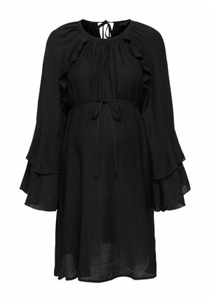 Černé šaty s volánovými rukávy, páskem na zavazování a splývavým designem. Vyrobeno z lehké látky s mírně strukturovaným povrchem.