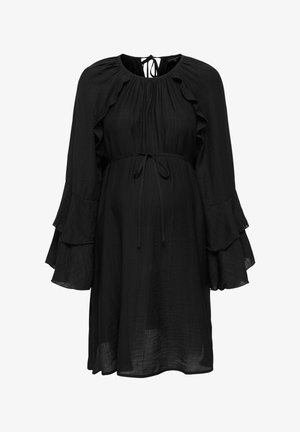 Musthave mustriga, millel on volangkäised, lipsuga vöö ja voolav disain. Valmistatud kergest kangast, millel on kerge tekstuur.