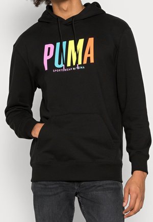 Black hoodie made from soft material featuring a front pocket, elastic cuffs, and multicolored "PUMA" logo text at the center.