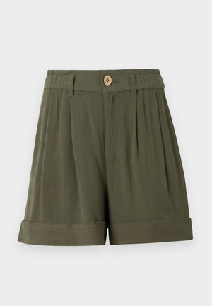 Πράσινα λαδί σορτς με ψηλή μέση, κλείσιμο με ένα κουμπί, θηλιές για ζώνη, πιέτες μπροστά και διπλωμένα τελειώματα.