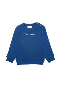 Felpa blu in cotone, con collo tondo, maniche lunghe e due bottoni a pressione sulla spalla. Il logo "TRUSSARDI" è stampato sul davanti.