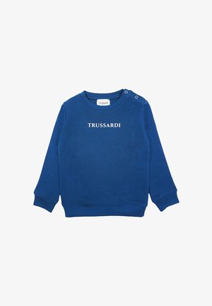 Felpa blu in cotone, con collo tondo, maniche lunghe e due bottoni a pressione sulla spalla. Il logo "TRUSSARDI" è stampato sul davanti.