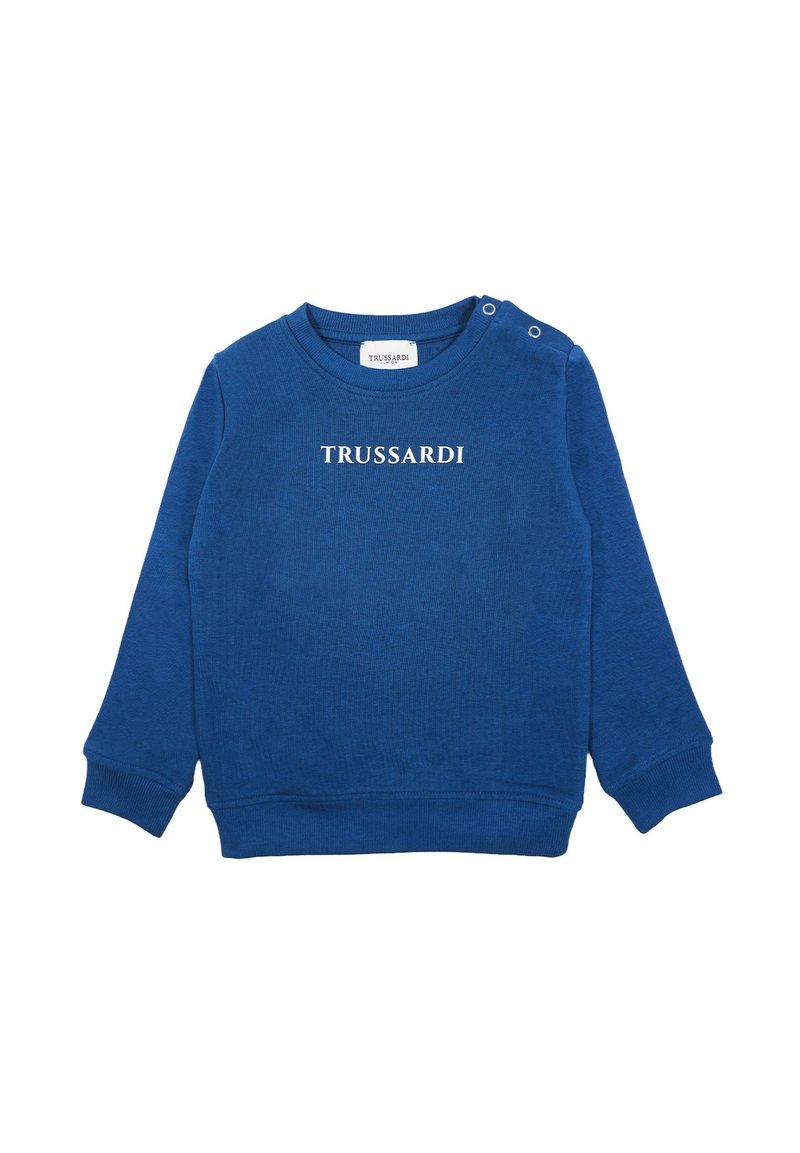 Felpa blu in cotone, con collo tondo, maniche lunghe e due bottoni a pressione sulla spalla. Il logo "TRUSSARDI" è stampato sul davanti.
