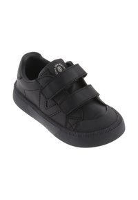 Scarpa da ginnastica nera per bambini con due strap in velcro, suola in gomma, dettagli cuciti e finitura liscia sulla tomaia in pelle.