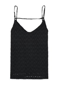 Černá tílko s tenkými ramínky, s vlnitým vzorem, textura látky a výstřihem ve tvaru srdce. Spodek je rovný.