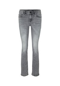 Jeans de mezclilla gris con un diseño de pierna recta, que cuentan con bolsillos frontales, cierre de cremallera y un ligero desgaste para un aspecto usado.