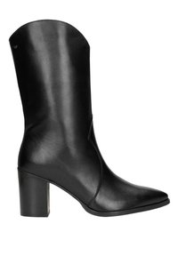 Czarne skórzane kozaki do kolan z wąskim noskiem, blokowym obcasem i gładką teksturą. Charakteryzują się eleganckim designem z minimalnymi detalami szwów.