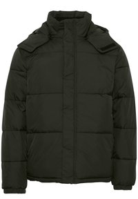 Svart puffjakke med høy krage, glidelås og borrelåslukking, quilted design og elastiske mansjetter. Lett, isolert materiale.