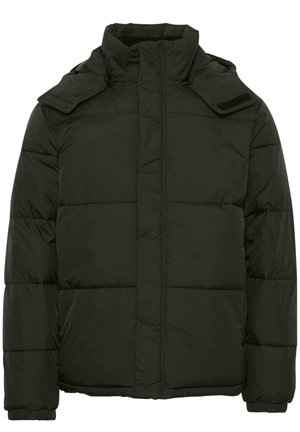 Giubbotto imbottito nero con colletto alto, chiusura a zip e velcro, design trapuntato e polsini elasticizzati. Materiale leggero e isolante.