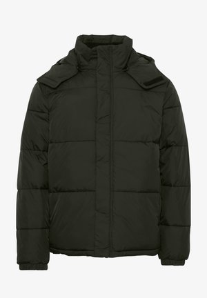 Giubbotto imbottito nero con colletto alto, chiusura a zip e velcro, design trapuntato e polsini elasticizzati. Materiale leggero e isolante.