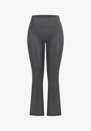 Szare spodnie do jogi w kształcie dzwonów z wysokim pasem, wykonane z gładkiego, elastycznego materiału. Oferują prosty krój bez widocznych wzorów.