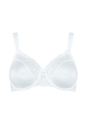 Soutien-gorge bianco con dettagli in pizzo nella parte superiore, coppe morbide modellate, spalline regolabili e chiusura a gancio e occhiello sul retro.