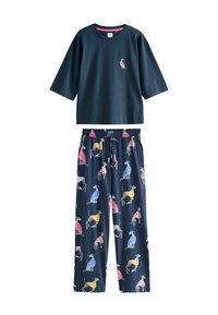 Marina pyjamas har en kortärmad topp med en rosa fågdesign och byxor prydda med färgglada mönstrade greyhounds.
