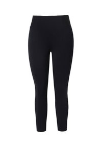 Mustat leggingsit, jotka on valmistettu joustavasta kankaasta, joissa on korkea vyötärö, tiukka muotoilu ja nilkkapituus ilman näkyviä kuvioita tai koristeita.