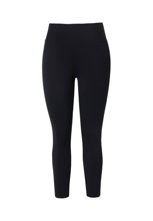 Schwarze Leggings aus dehnbarem Stoff, mit hohem Taillenbund, schmalem Schnitt und knöchellanger Länge, ohne sichtbare Muster oder Verzierungen.